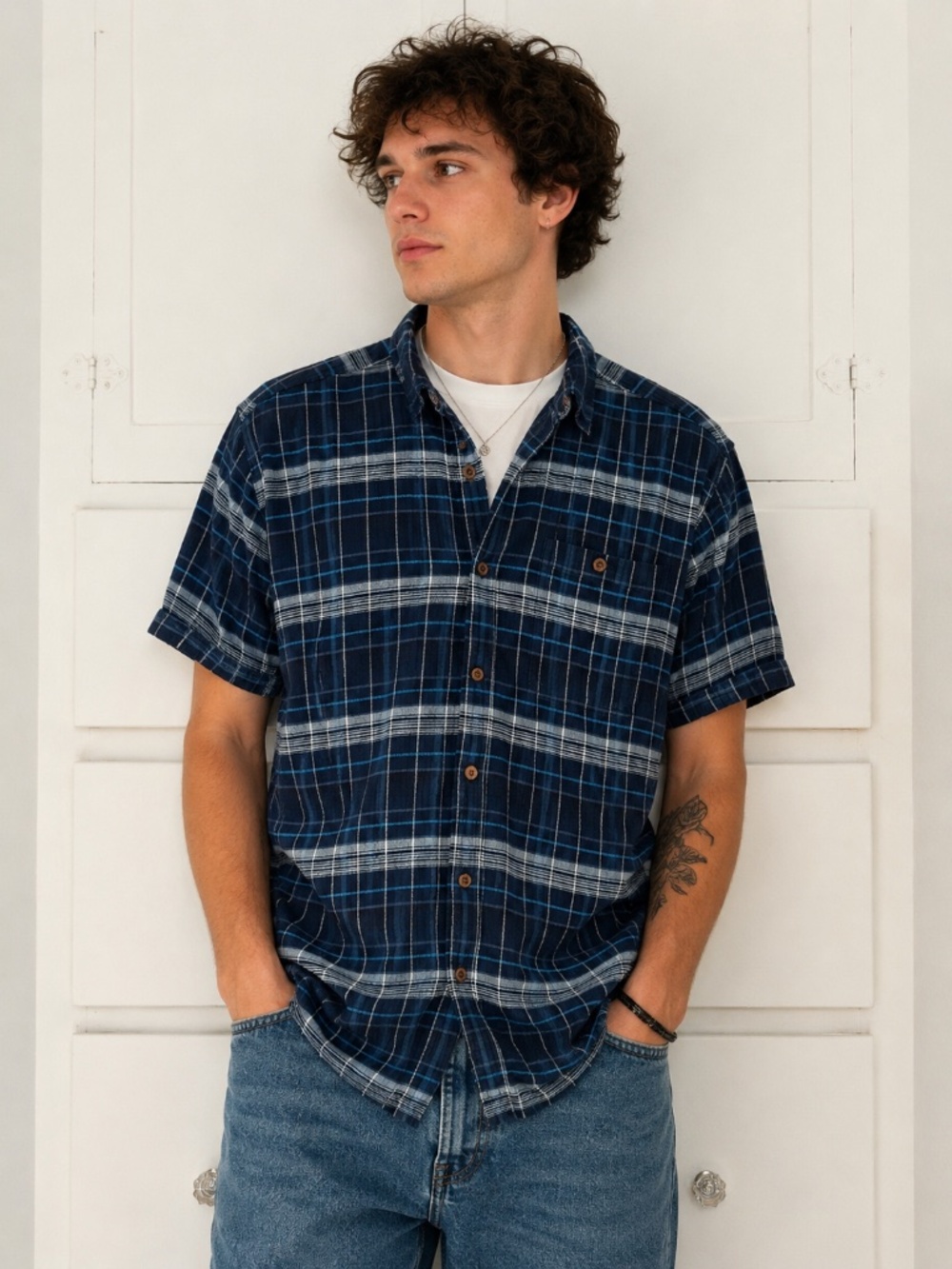 Patagonia Organic Cotton Plaid Shirt Navy Blue Short Sleeve Button Front L